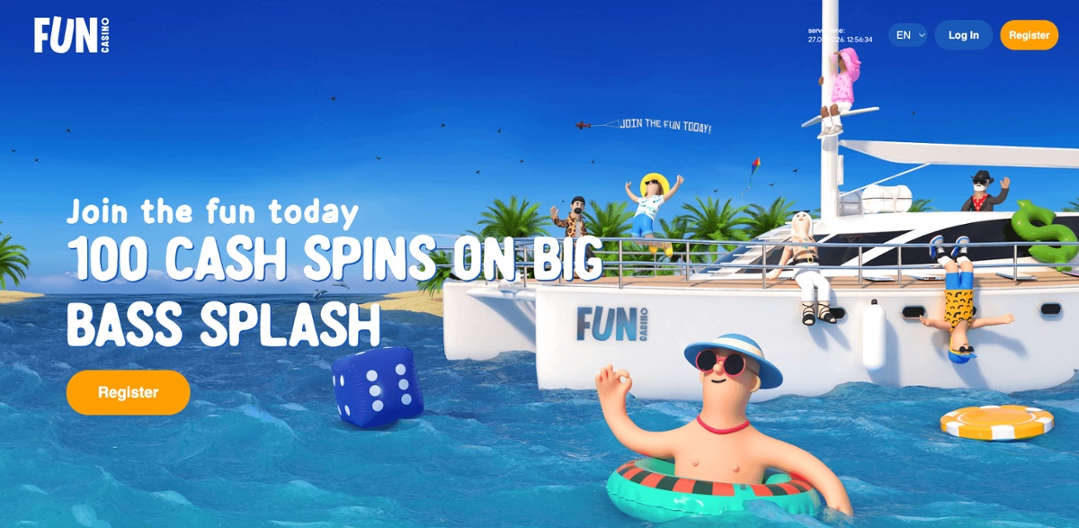 Fun Casino homepage banner promoting 100 cash spins on Big Bass Splash for new registrations